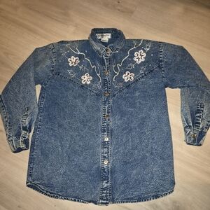 Vintage 1989s Acid Wash Embroidered Denim Shirt with Floral Design